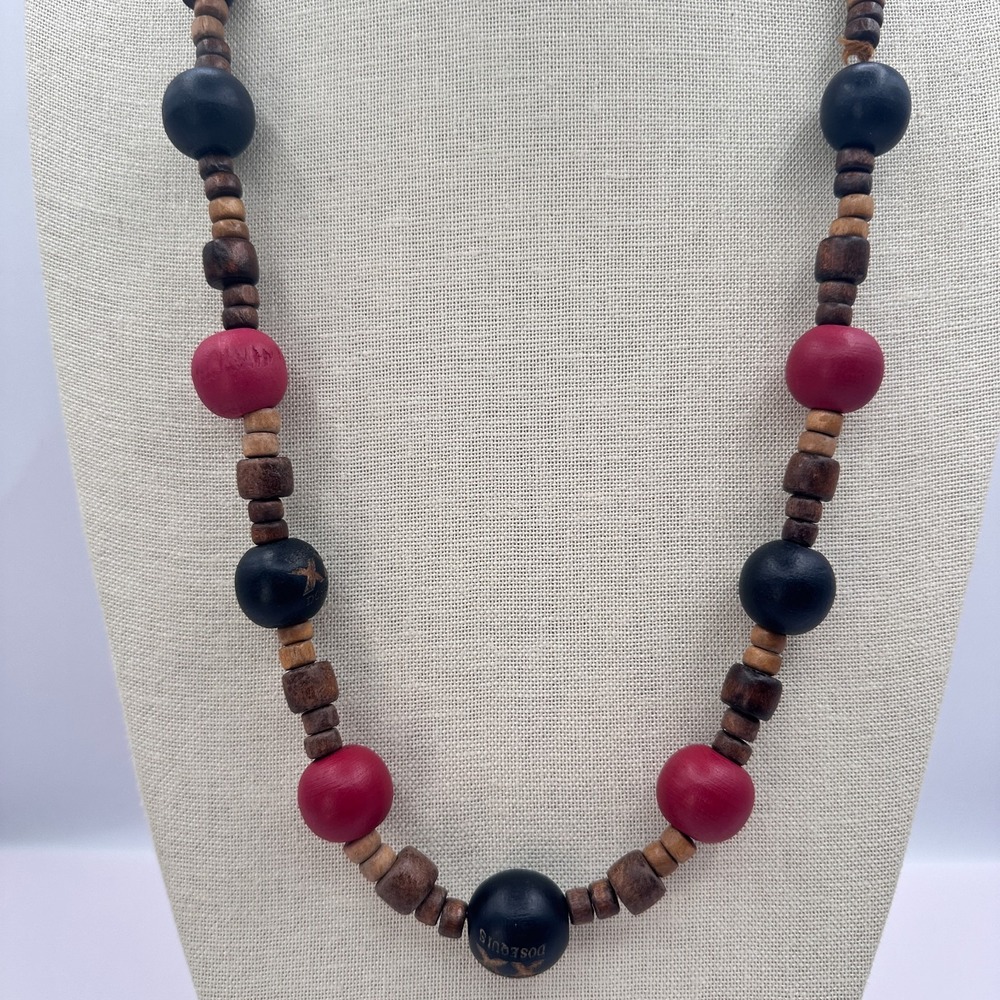 Vintage 90s Dos Equis Wood Bead Necklace Boho Tribal Women's Jewelry
